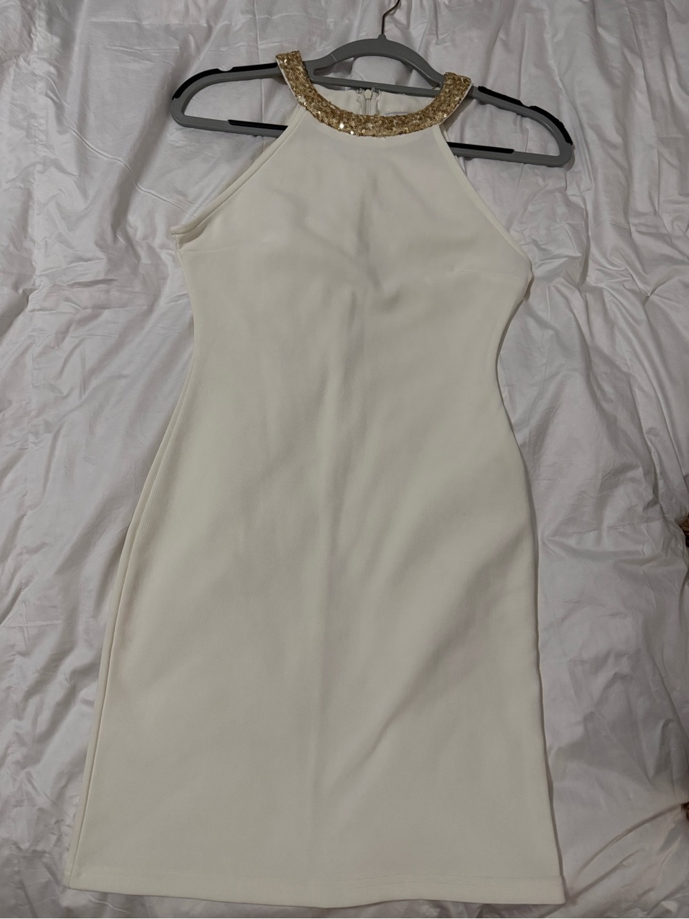 Dainty Hooligan Cream Halter Midi Dress with Gold Sequin Neck